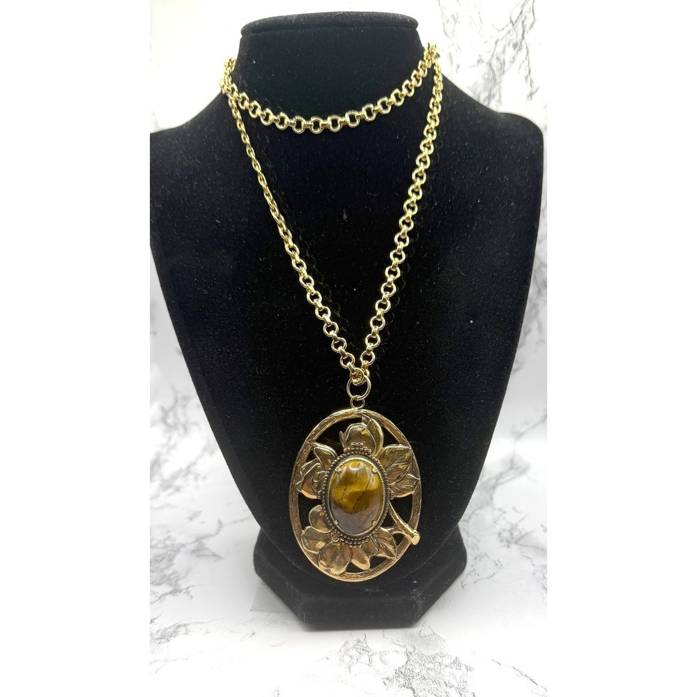 Vintage Gold Tone Tiger Eye Style Unique Statement Pendant Necklace 28"